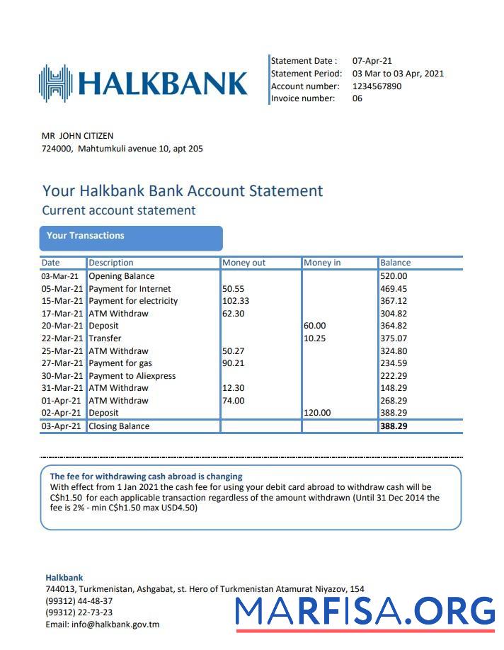 Downloadable Turkmenistan Halkbank proof of address bank statement excel real example